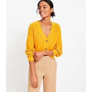 LOFT Women waffle knit v-neck Marigold Yellow 100% cotton cardigan sweater Large